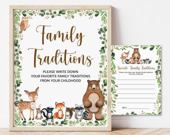 Family Traditions Cards and Sign Woodland Baby Shower Game Forest Greenery Woodland Animals Printable NOT Editable 0120