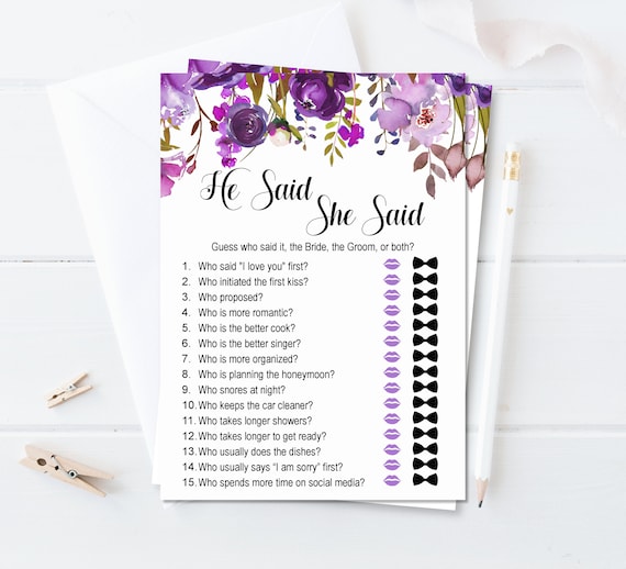 He said She said Bridal Shower Game Purple Bridal Shower Game Guess Who
