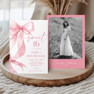 May include: A sweet sixteen invitation with a pink bow and the words "sweet 16". The invitation includes the event details and a photo of the birthday person. The invitation is on a wooden tray.