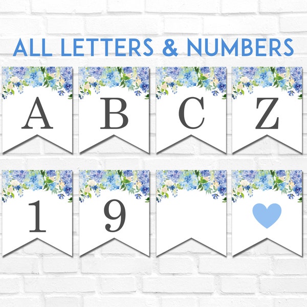 Blue Floral Printable Banner Alphabet A-Z & Numbers Hydrangea Boho Flowers Flag Bridal Shower Baby Shower Decorations NOT Editable