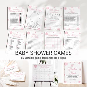Editable Winter Baby Shower Games Bundle Pink Snowflakes Baby It&#39;s Cold Outside Printable Template Corjl 0139
