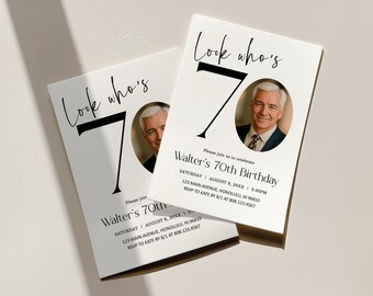 Invitación editable para 70 cumpleaños con foto. Plantilla de invitación "Mira quién cumple 70", Corjl 0151