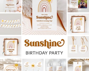May include: A selection of party decorations with a sunshine theme. The items include invitations, signs, cupcake toppers, water bottle labels, and thank you tags. The design features a rainbow and sun in brown and yellow. Text includes "Sunshine Birthday Party".