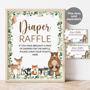 May include: A printable sign for a diaper raffle with a woodland theme. The sign features a brown bear, a deer, a fox, a rabbit, and a raccoon. The text on the sign reads "Diaper Raffle" and "If you have brought a pack of diapers for the raffle, please leave your tickets here."