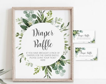 Diaper Raffle Tickets & Sign Succulent Greenery Baby Shower Game Printable Green Leaves Eucalyptus NOT Editable C91