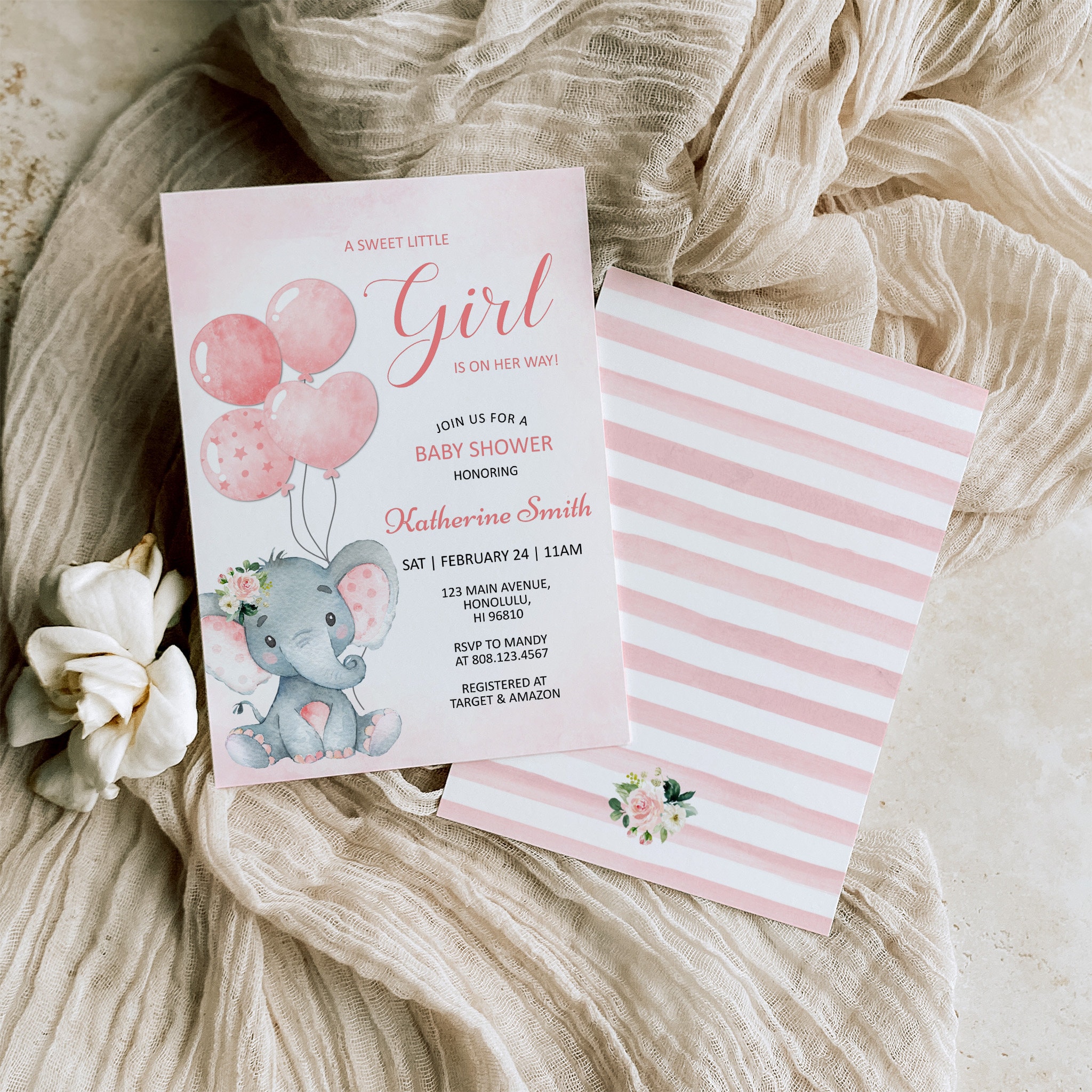 Editable Pink Elephant Baby Shower Invitation Template, Digital ...