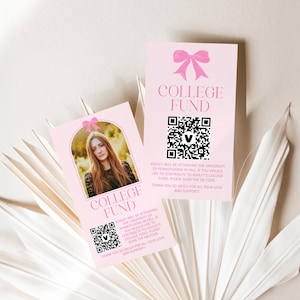 Bearbeitbare Rosa Schleife College Fund QR Code Karte Abschluss Geldgeschenk Venmo Karte Coquette Abschlusskarte Vorlage Corjl 0143