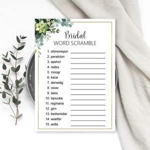 May include: A printable bridal shower game with a green floral design. The game is called "Bridal Word Scramble" and includes 15 words to unscramble.