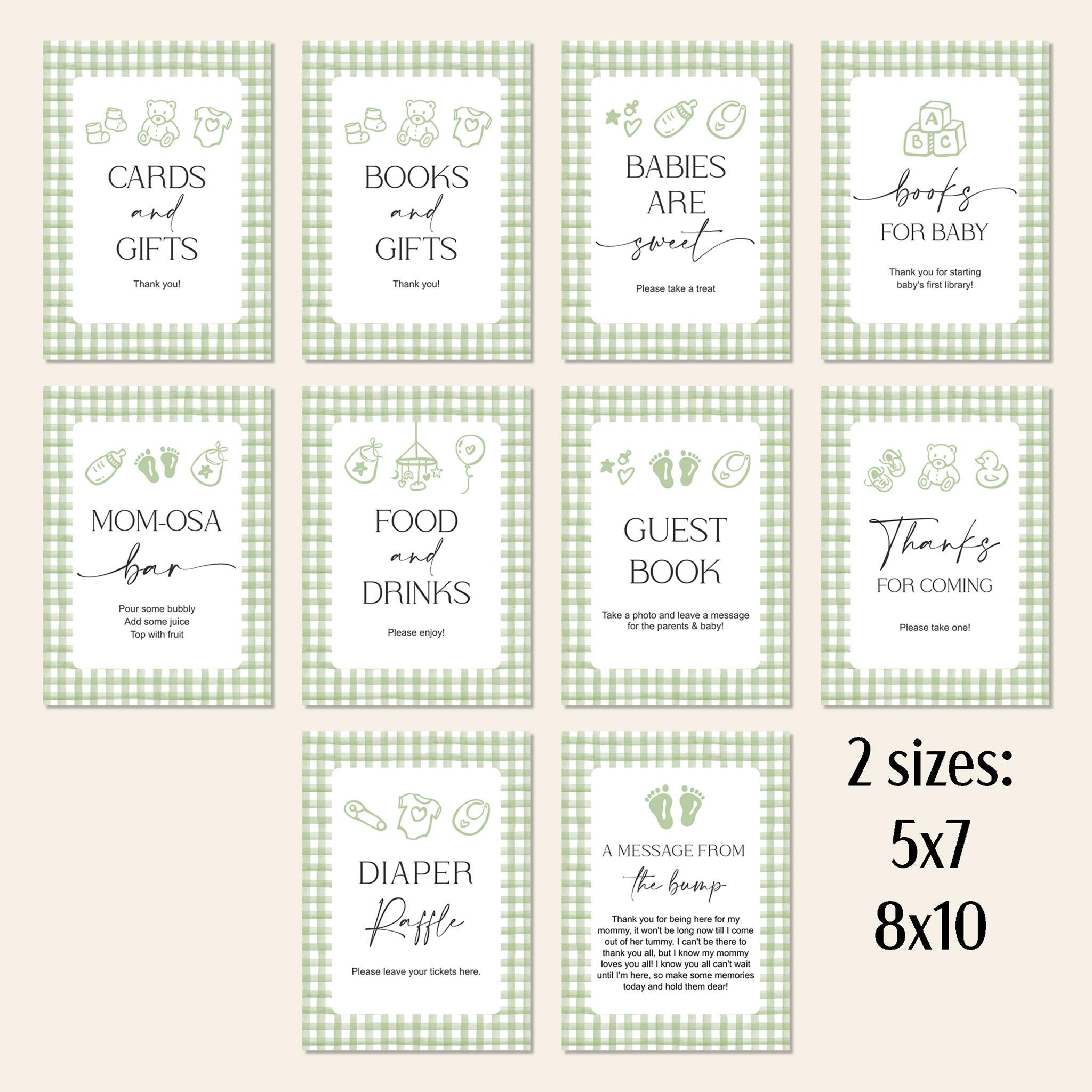 Editable Sage Green Gingham Baby Shower Signs, Green Baby Shower ...