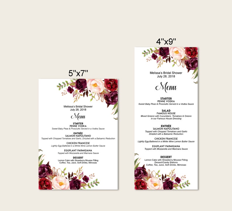 Floral Menu Printable Burgundy Menu Boho Wedding Menu Sign Menu Card Personalized Menu A38 B61 C48