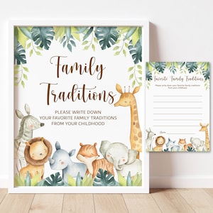 Tarjetas de tradiciones familiares y letrero Jungle Baby Shower Jungle Animals Safari Baby Shower Juego Imprimible NO Editable 0129