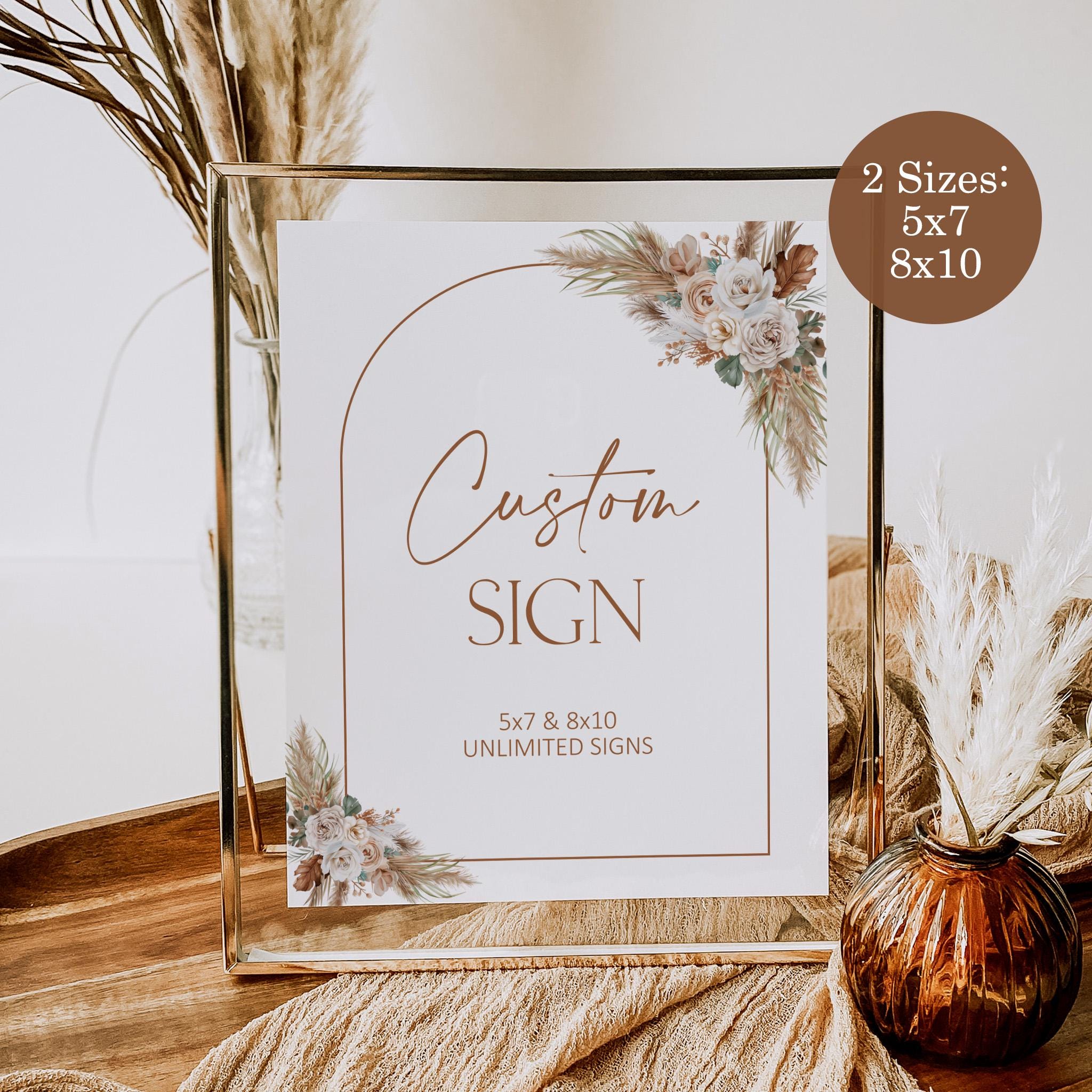 Editable Boho Floral Custom Sign Template, Pampas Grass Bohemian Table ...