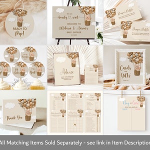 May include: A set of printable baby shower decorations featuring a teddy bear in a hot air balloon with beige, brown, and white balloons. The text on the signs reads "We can barely wait", "Ready to Pop!", "It's a Boy!", "Oh Baby", "It's a Girl!", "Advice", "Cards and Gifts", "Boy or Girl? What will baby be?", and "Thank You".