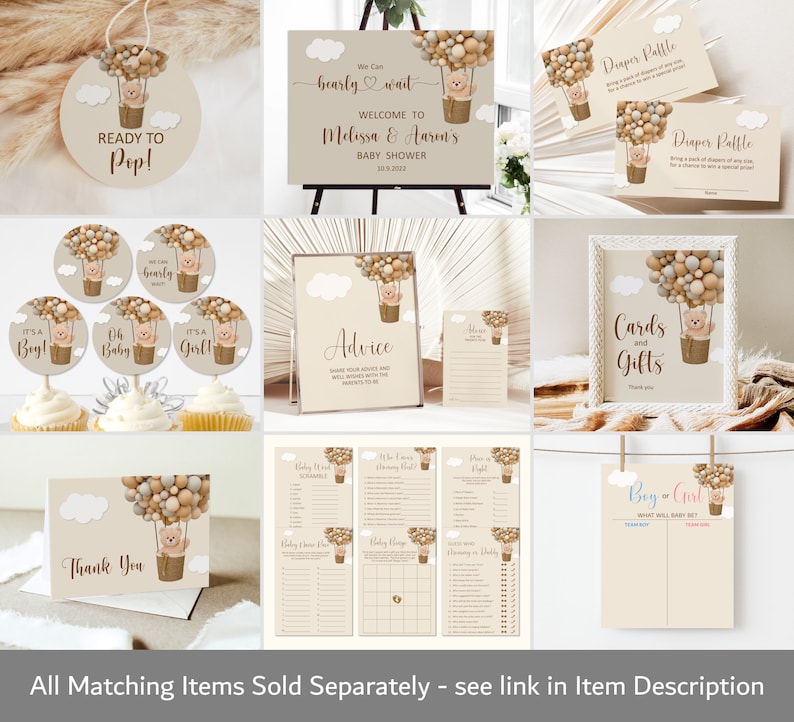 May include: A set of printable baby shower decorations featuring a teddy bear in a hot air balloon with beige, brown, and white balloons. The text on the signs reads "We can barely wait", "Ready to Pop!", "It's a Boy!", "Oh Baby", "It's a Girl!", "Advice", "Cards and Gifts", "Boy or Girl? What will baby be?", and "Thank You".