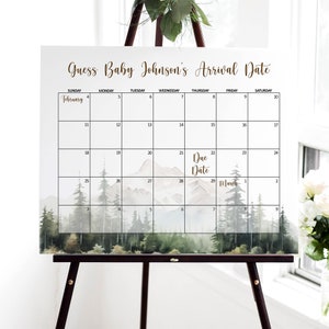 Editable Baby Due Date Calendar Sign Mountain Forest Adventure Baby Shower Game Guess Baby&#39;s Birthday Game Printable Corjl 0124