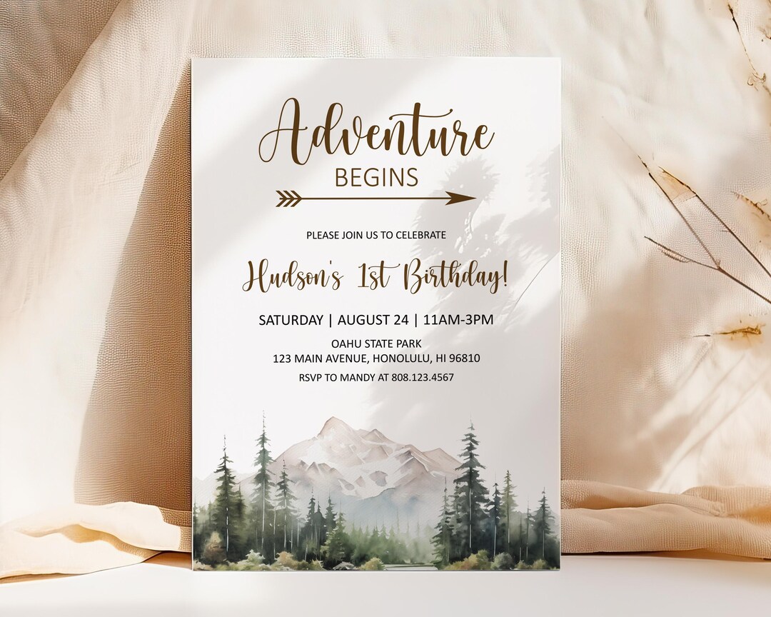 Editable Adventure Begins Birthday Invitation, Forest Mountain Birthday ...