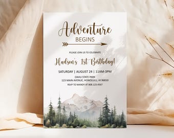 Editable Adventure Begins Birthday Invitation, Forest Mountain Birthday Invite Template Printable Corjl 0124
