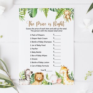 May include: A printable baby shower game with a jungle theme. The game is called "The Price is Right" and asks guests to guess the price of various baby items. The game features a cute illustration of a giraffe, lion, zebra, and elephant.