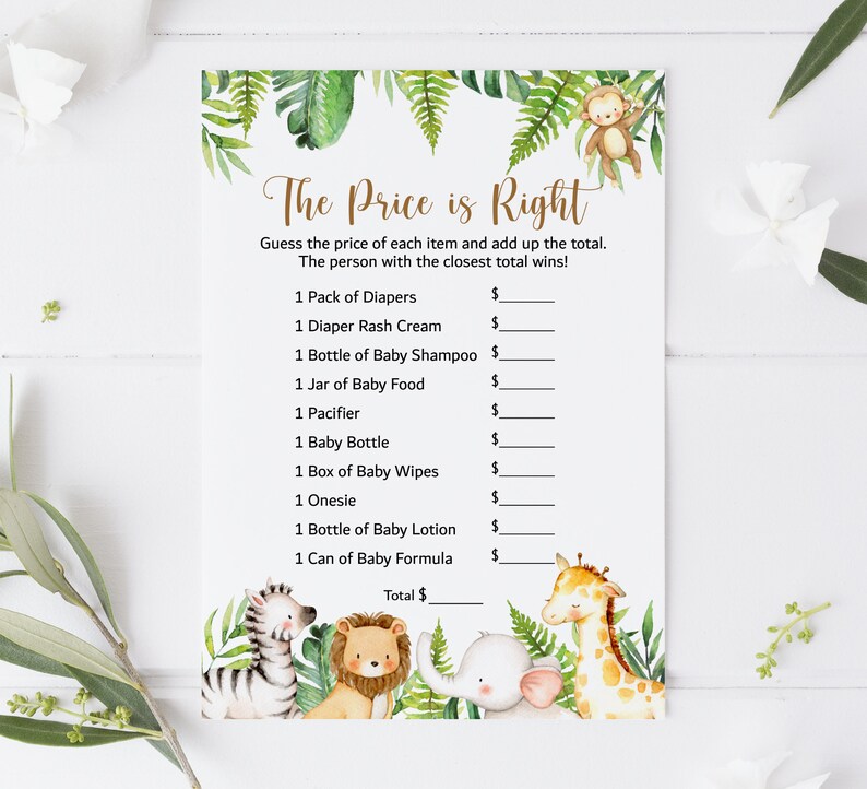 May include: A printable baby shower game with a jungle theme. The game is called "The Price is Right" and asks guests to guess the price of various baby items. The game features a cute illustration of a giraffe, lion, zebra, and elephant.