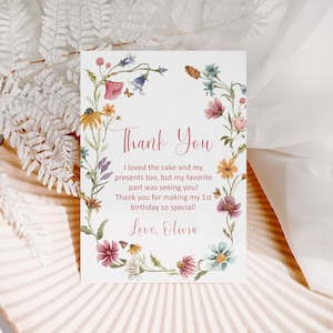 Cartão de agradecimento de flores silvestres editável, cartão de agradecimento de aniversário floral, flores coloridas, modelo para impressão de aniversário de menina, Corjl 0123