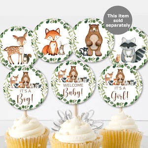 May include: Set of six round cupcake toppers featuring woodland animals, including a fox, deer, bear, raccoon, and owls. The toppers have green foliage and the text "Welcome Baby!" "It's a Boy!" and "It's a Girl!"