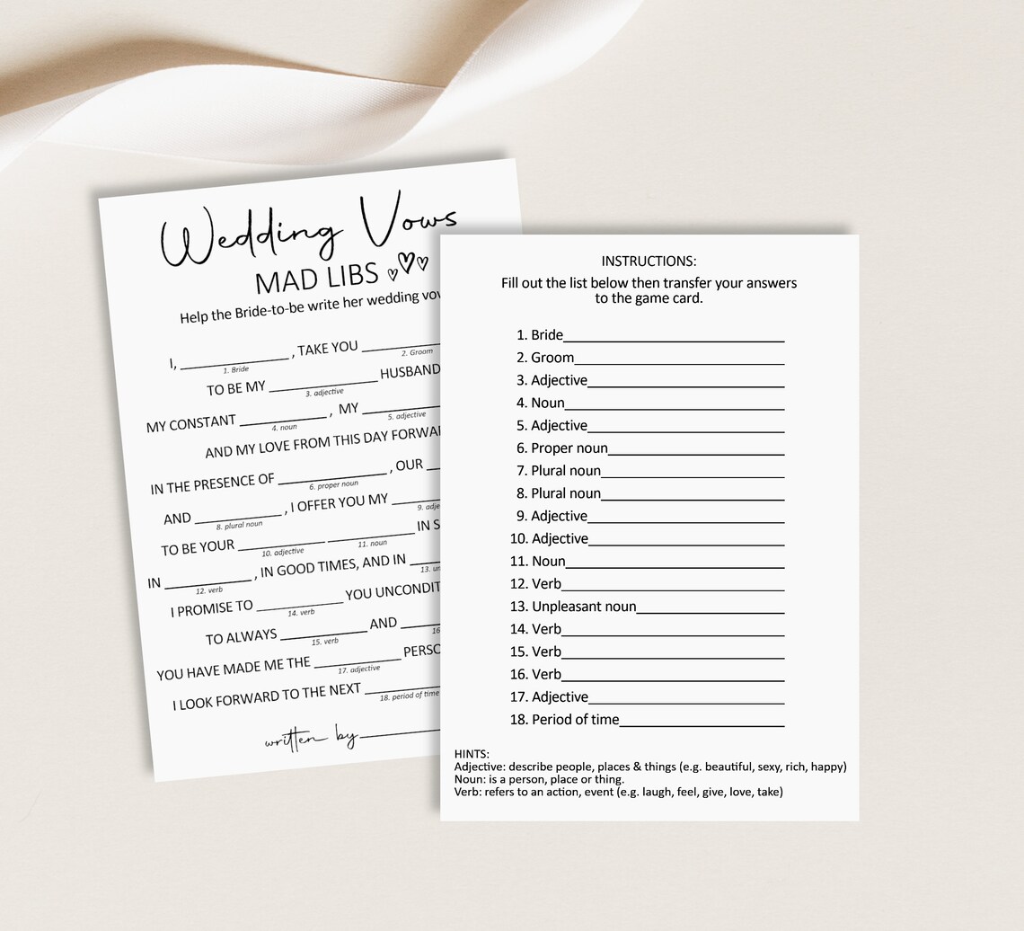 Mad Libs Wedding Vow Mad Lib Bridal Shower Game Printable - Etsy