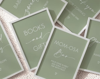 Editable Sage Green Baby Shower Signs Bundle - Minimalist Baby Shower Table Signs Template, Corjl 0122