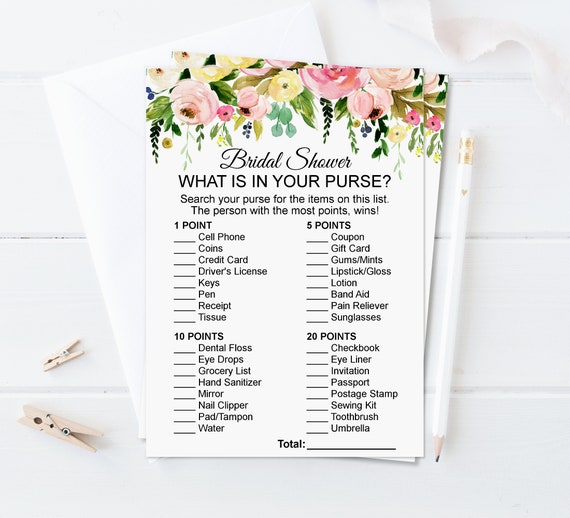What's in Your Purse Game Bridal Shower Game Wedding Shower Game Pink Floral Garden Bridal