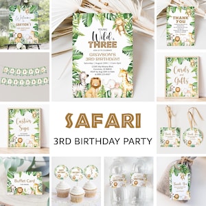 Edytowalny pakiet zaproszeń Safari na 3. urodziny – Young Wild Three Party Szablony do druku Corjl 0127