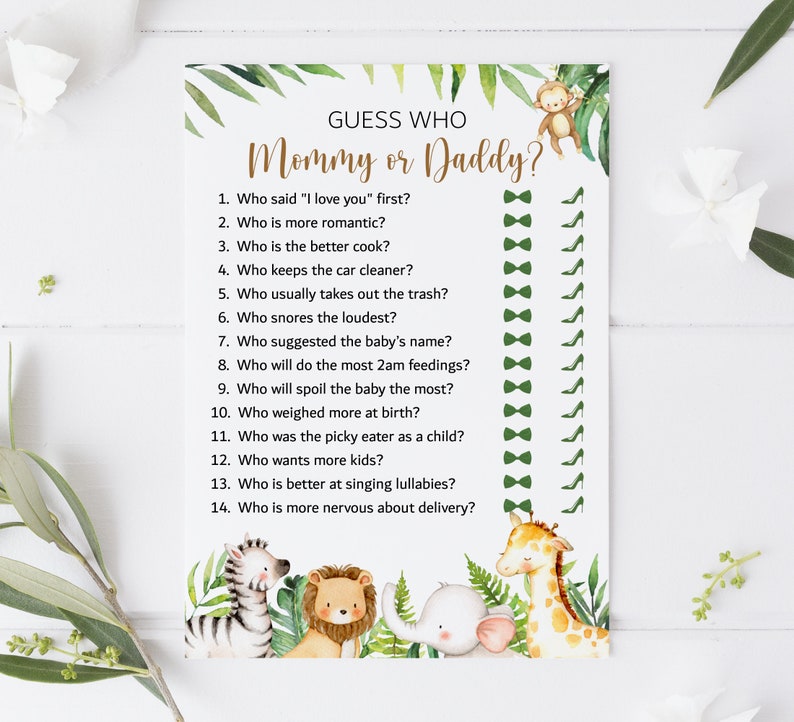 May include: A printable baby shower game with a jungle theme. The game asks guests to guess who, mommy or daddy, did certain things. The game features a green, brown, and white color scheme with illustrations of a zebra, lion, giraffe, and elephant.