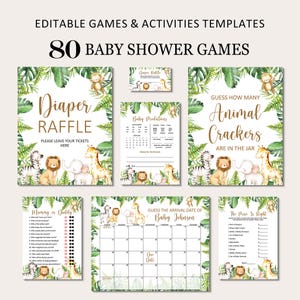 Editable Safari Baby Shower Game Bundle – 80 Printable Games & Activities with Jungle Animals Gender-Neutral Corjl Template 0127