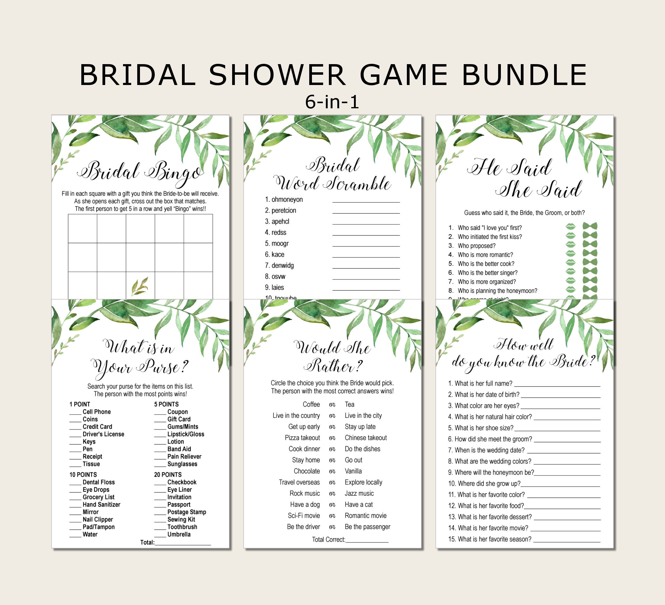 Party Favors & Games Modern Bridal Shower Games Green Bridal Shower