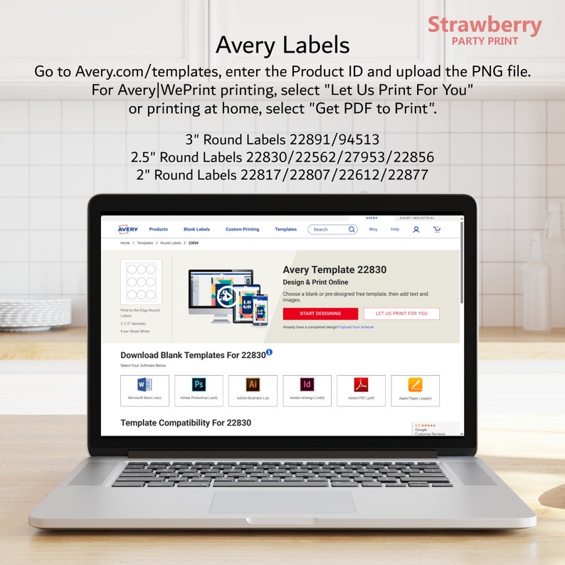 May include: A laptop computer displaying the Avery website with a screenshot of the Avery Template 22830 Design & Print Online page. The page features a blank label template, a list of compatible software programs, and a button that says "Let Us Print For You".