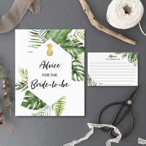 May include: A printable bridal shower advice card with a tropical theme. The card features a pineapple, palm leaves, and the text "Advice for the Bride-to-be".