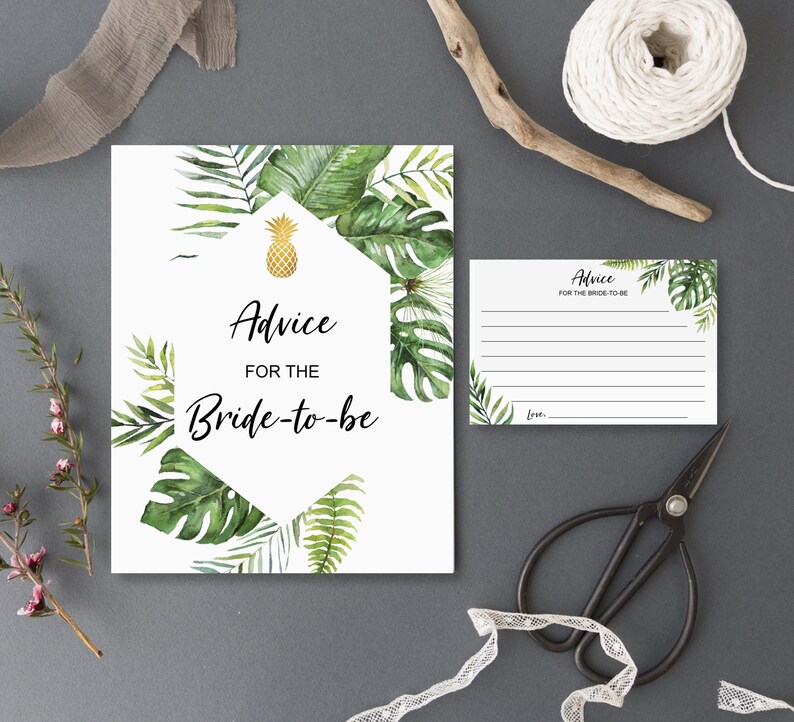 May include: A printable bridal shower advice card with a tropical theme. The card features a pineapple, palm leaves, and the text "Advice for the Bride-to-be".