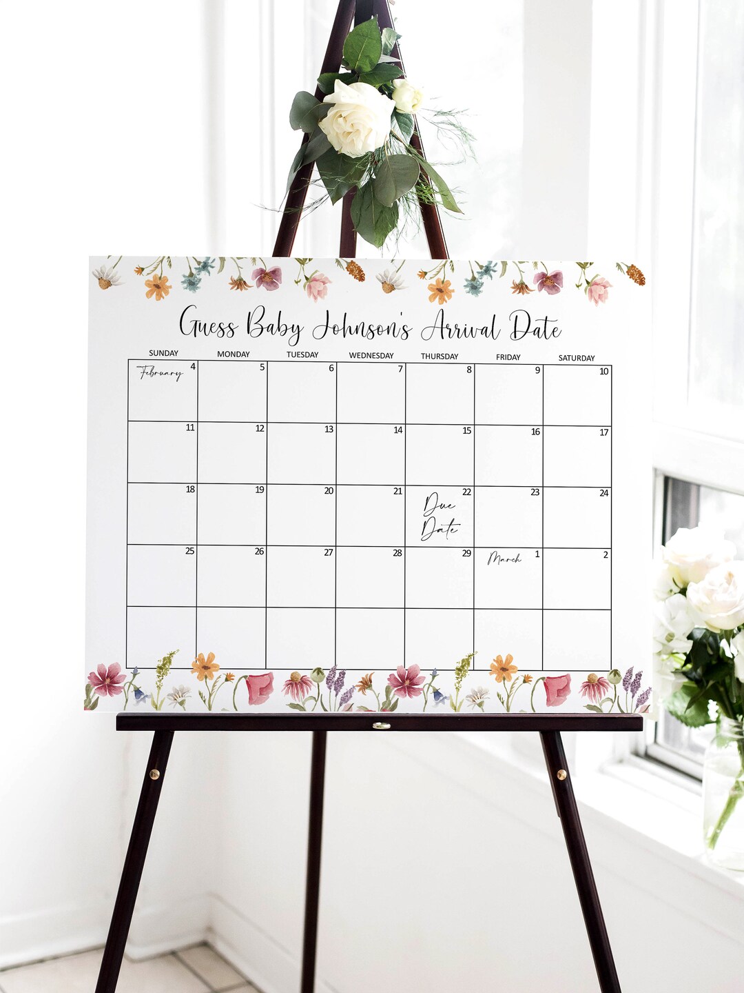 Editable Floral Guess Due Date Calendar Game Wildflower Baby Shower ...