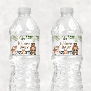 Woodland Baby Shower Water Bottle Labels Greenery Woodland Animals Forest Baby Shower Bottle Wrappers Printable  0120