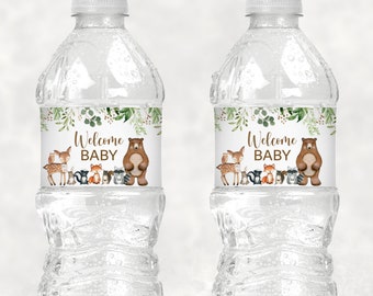 Woodland Baby Shower Water Bottle Labels Greenery Woodland Animals Forest Baby Shower Bottle Wrappers Printable NOT Editable 0120