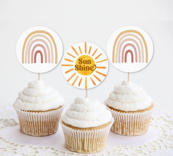 Neutral Rainbow Sunshine Party Cupcake Toppers Little Ray of