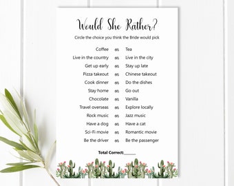 Succulent Cactus Bridal Shower Would She Rather Game Fiesta Bridal Shower Boho Mexican Bridal Shower Game Printable NOT Editable B94