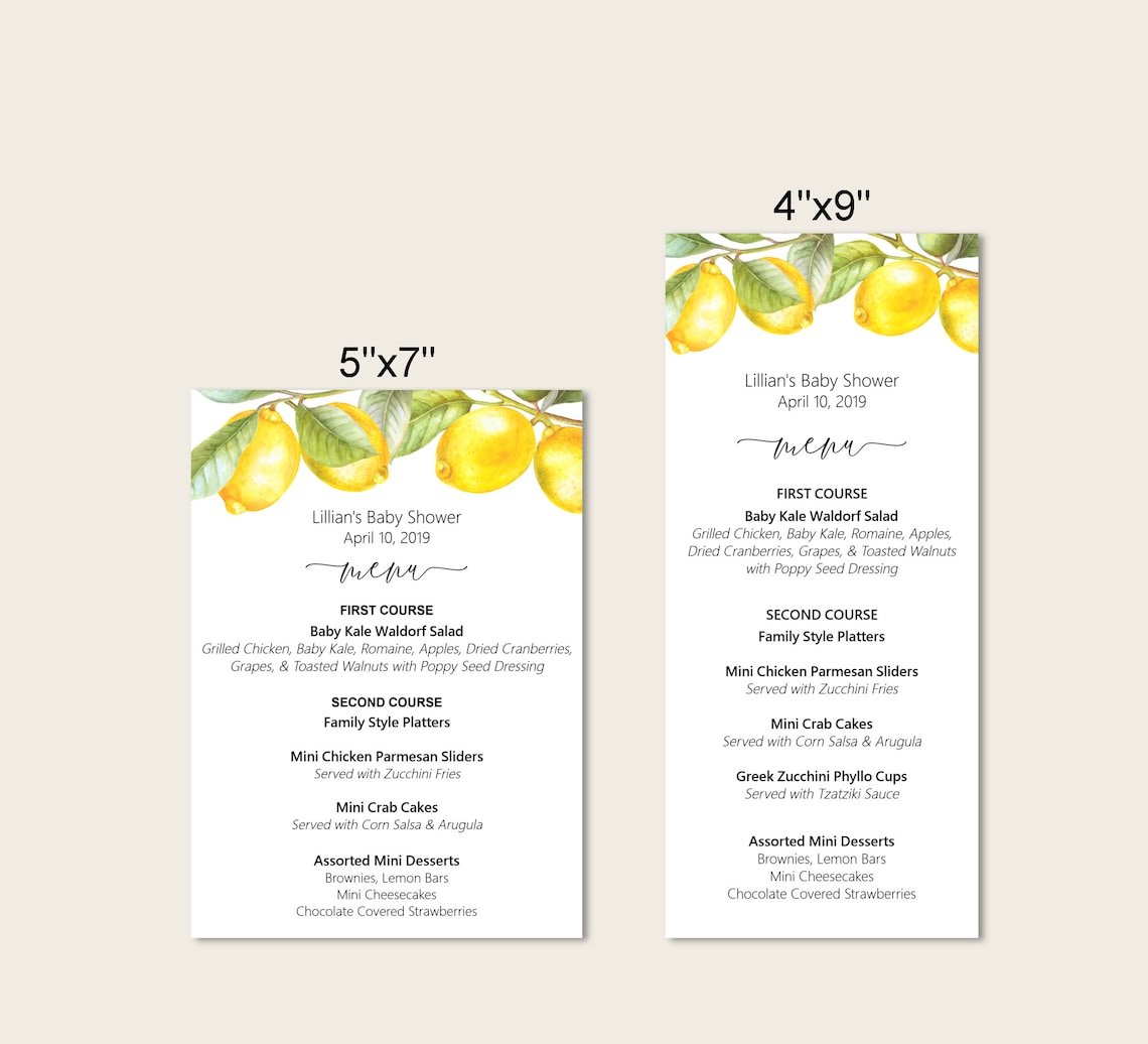 Menu Printable Lemon Citrus Lemons Theme Bridal Shower Baby - Etsy