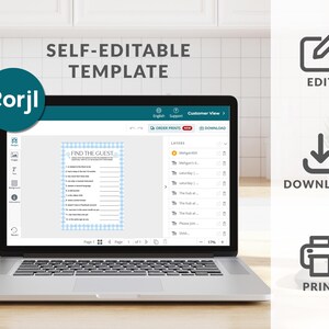 May include: A laptop displaying a "Find the Guest" game template, with the Corjl logo in the upper left corner. The screen shows a light blue and white checkered pattern. The words "Self-Editable Template" are above the laptop. Icons for edit, download, and print are on the right.