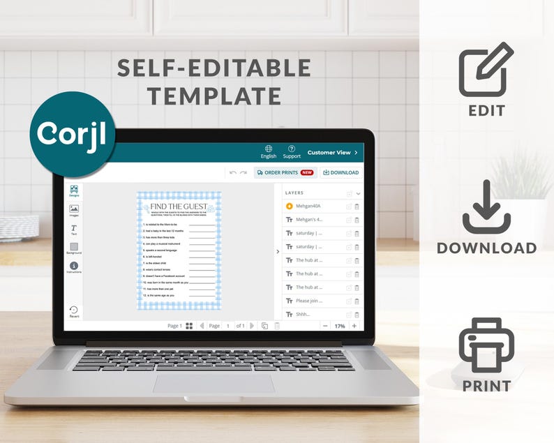 May include: A laptop displaying a "Find the Guest" game template, with the Corjl logo in the upper left corner. The screen shows a light blue and white checkered pattern. The words "Self-Editable Template" are above the laptop. Icons for edit, download, and print are on the right.