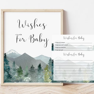 Wensen voor baby kaart en bord wensputkaarten baby winter bos bergen bomen avontuur babyshower afdrukbare niet bewerkbare C90