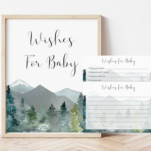 Wishes for Baby Card and Sign Baby Wishing Well Cards Winter Woodland Mountains Trees Adventure Baby Shower Printable NOT Editable C90