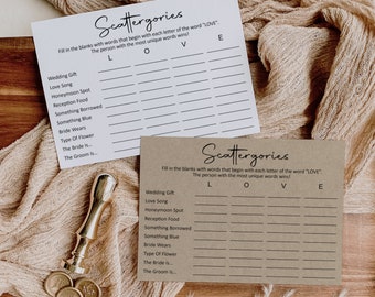 Juego Scattergories para despedida de soltera, imprimible, minimalista, en papel kraft, rústico, amaderado, moderno, en blanco y negro, no editable, B3