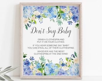 Don't Say Baby Clothespins Game Floral Baby Shower Hydrangea Blue Baby Shower Gender Neutral Baby Shower Game Printable NOT Editable C77