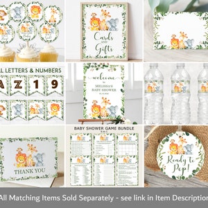 May include: A set of jungle animal themed baby shower decorations. The set includes a welcome sign, a cards and gifts sign, a thank you card, a set of letter banners, cupcake toppers, water bottle labels, a game bundle, and a round sticker. The decorations feature a lion, elephant, and monkey.