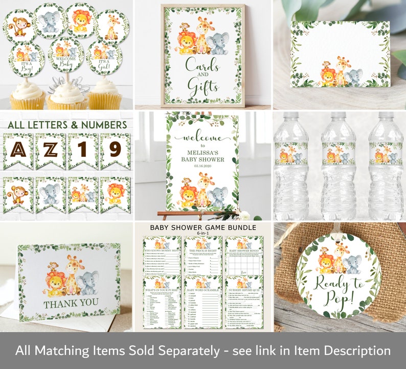 May include: A set of jungle animal themed baby shower decorations. The set includes a welcome sign, a cards and gifts sign, a thank you card, a set of letter banners, cupcake toppers, water bottle labels, a game bundle, and a round sticker. The decorations feature a lion, elephant, and monkey.