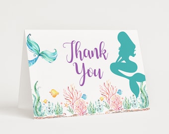 Mermaid Thank You Card Printable Folded Thank You Note card Under The Sea Purple & Teal A75 C71